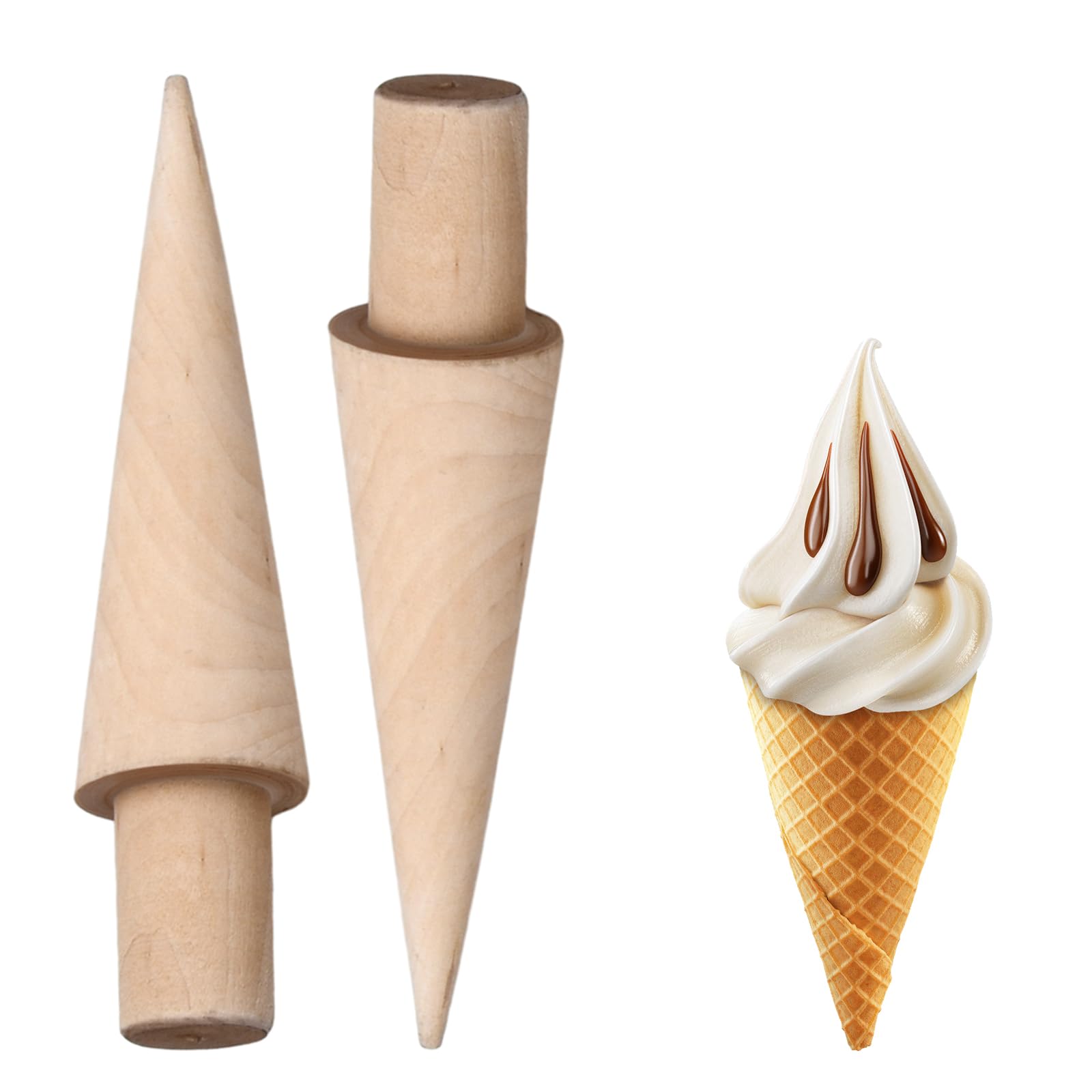 2 Pcs Ice & Cream Wooden Cone Mold, Wood Cream Horn Roller for DIY Baking & Kitchen