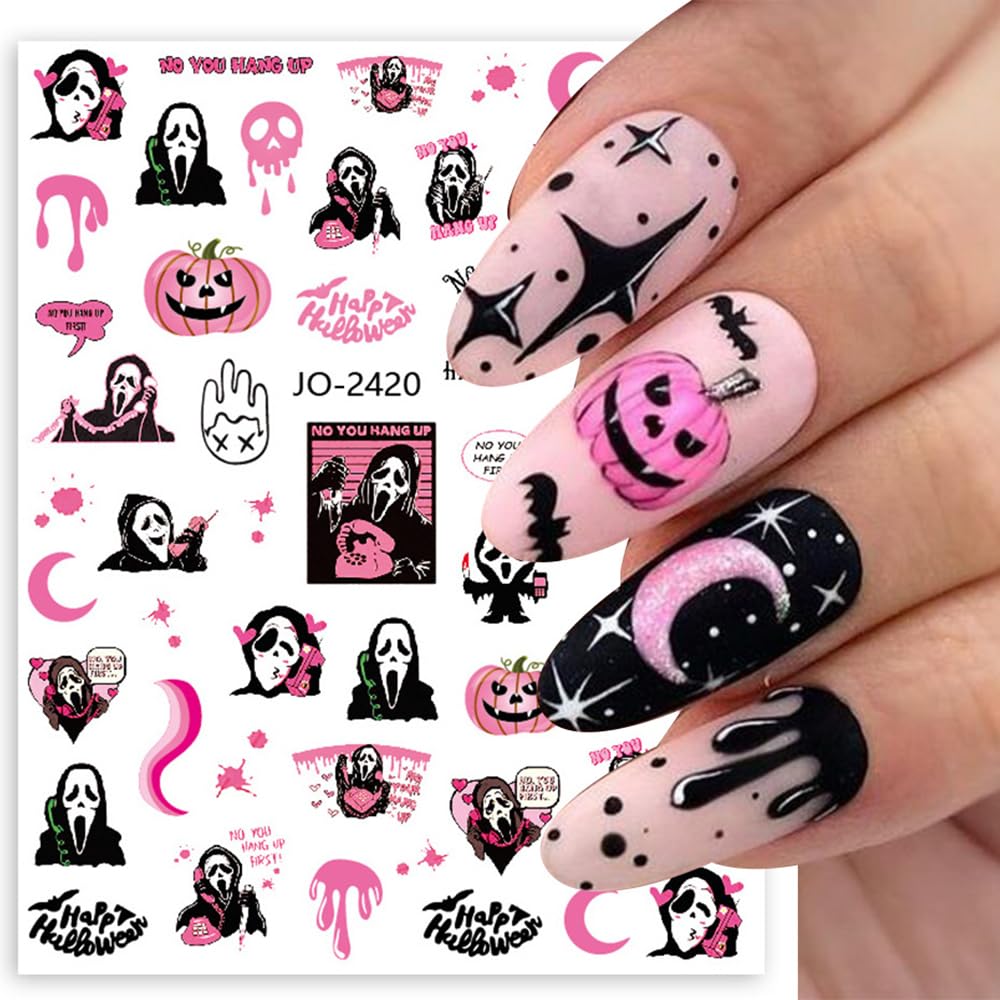 Photo 1 of 6 Sheets Halloween Nail Art Stickers 3D Self Adhesive Nail Decals Witch Black Cat Skull Spider Pumpkin Ghost Nail Design Stickers for Women Girls Halloween Nail Decoration DIY Manicure
