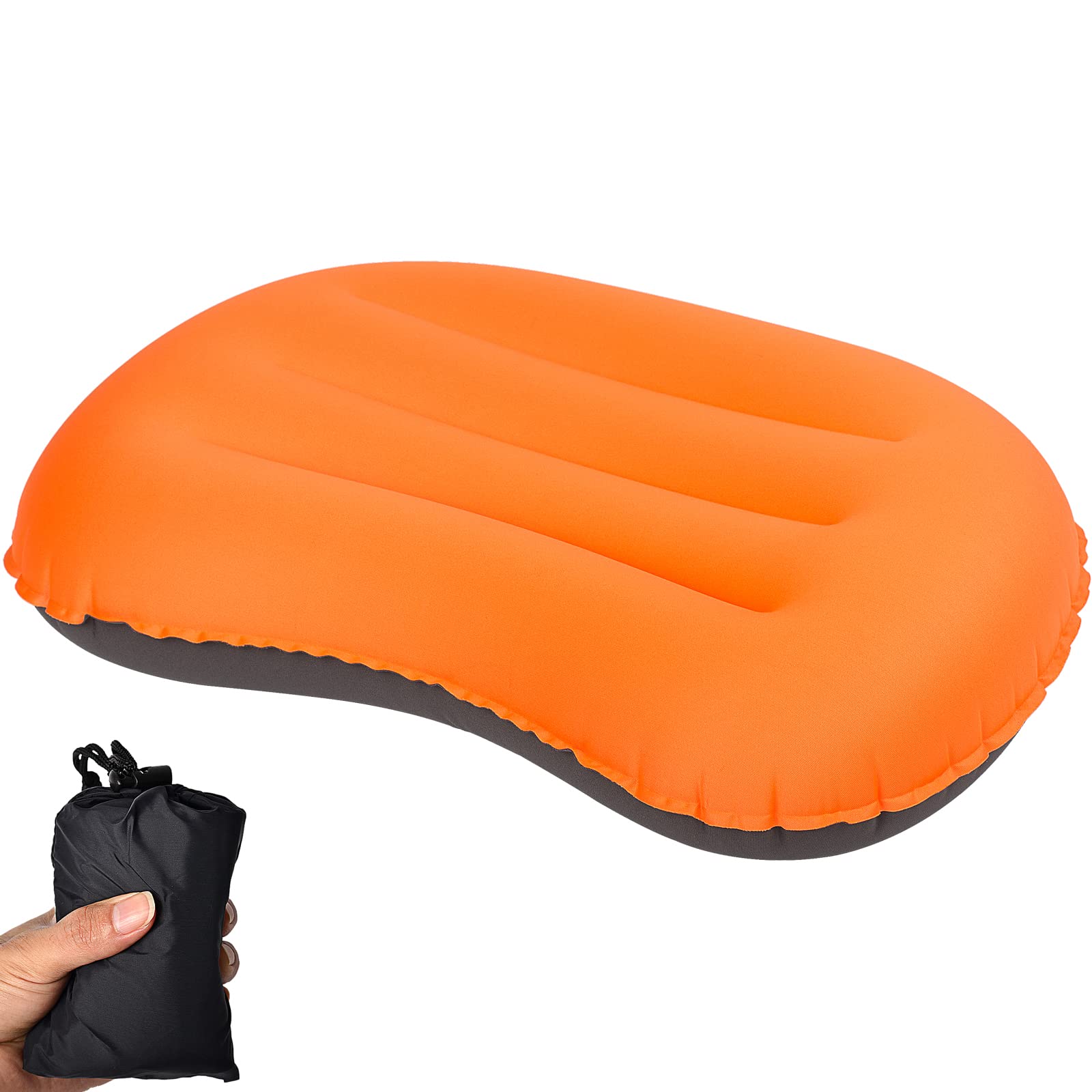 Ultralight Camping/Inflating Travel Pillow, 3.5 oz Compressible, Comfortable, Ergonomic Camping Pillow with Storage Bag, for Neck & Lumbar Support for Camping, Backpacking, Hiking Traveling (Orange)