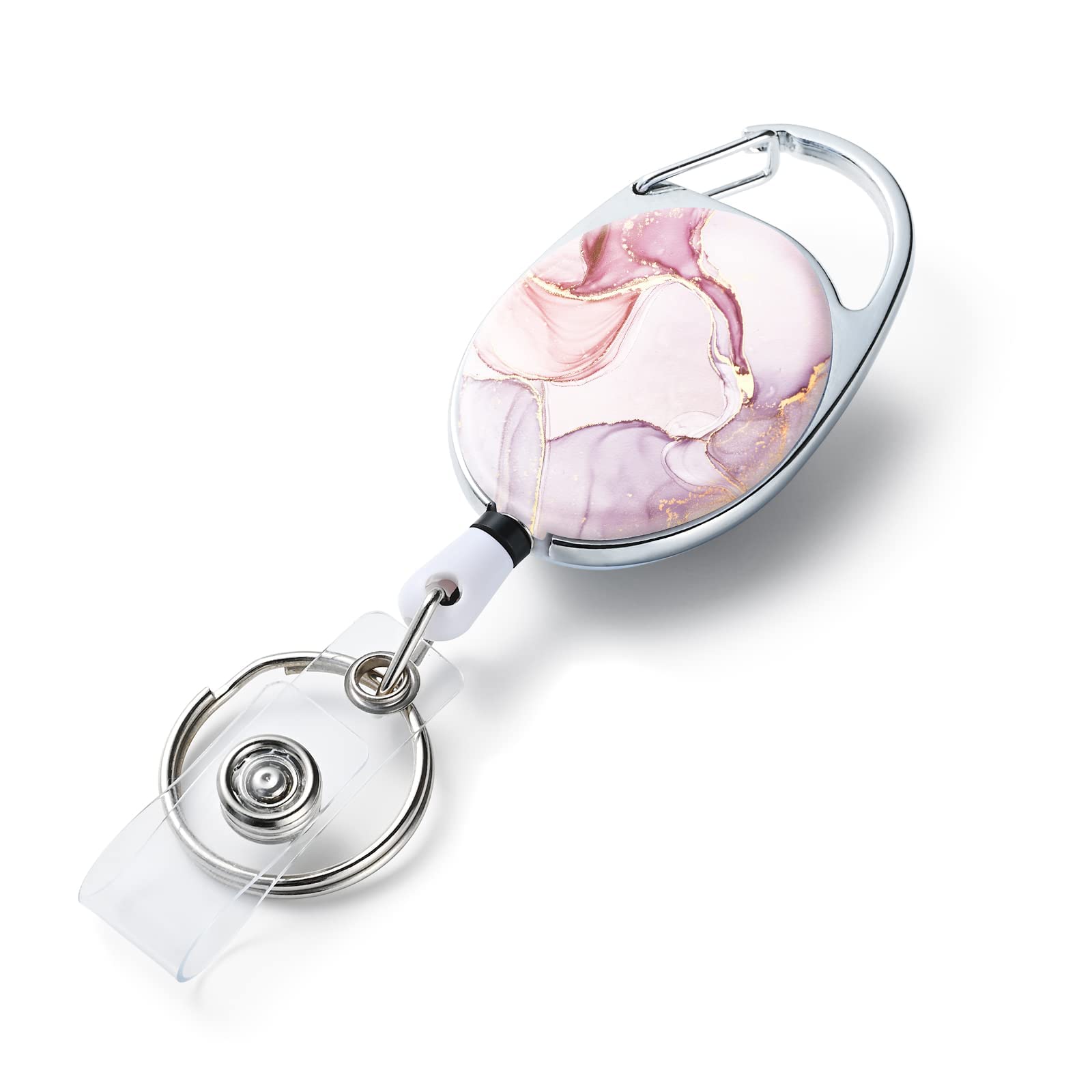 IOSPKKIO® Retractable Badge Holder with Double-Sided Color Printing Pattern, Pink Marble, Retractable Key Ring