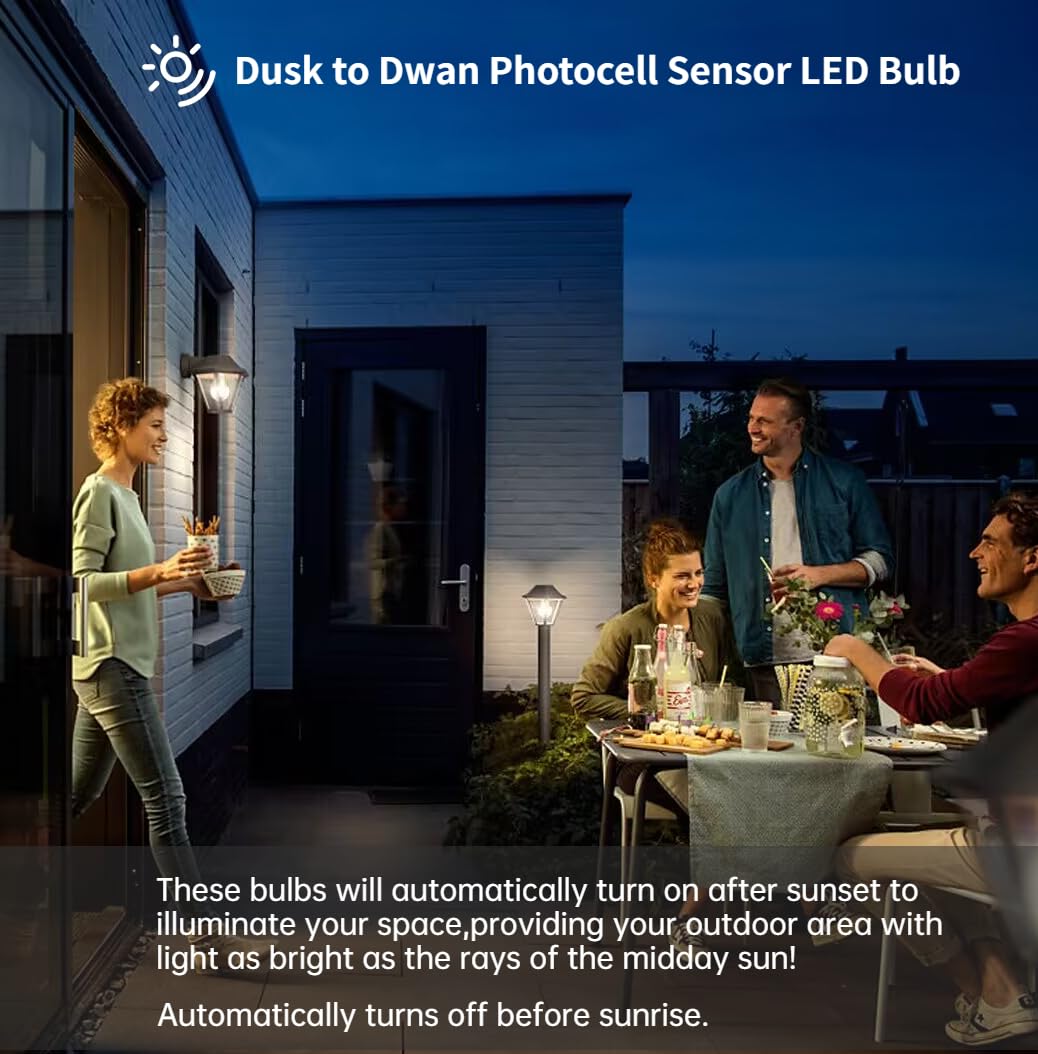 4-Pack Dusk to Dawn Light Bulbs Outdoor 75 Watt Equivalent, Automatic On/Off Sensor LED Bulb, 10W Daylight 5000K,1100 Lumen, A19 E26 Bulbs Photocell for Wall lamp Porch Garage Yard Light(Non-dimmable)