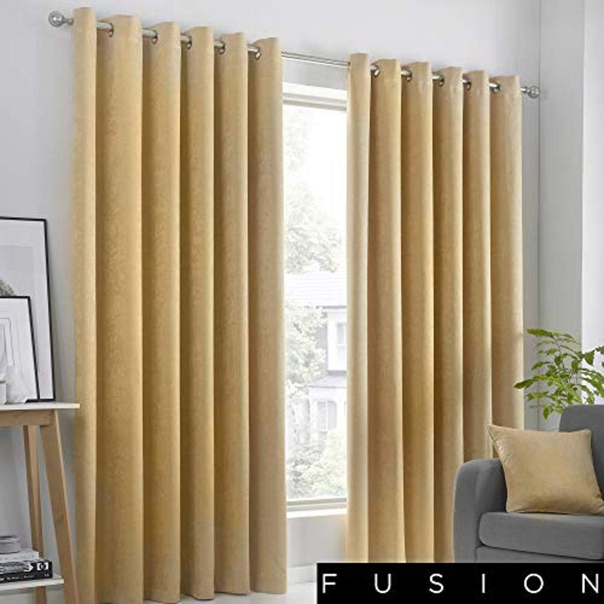 Fusion Strata Woven Eyelet Lined Curtains, Ochre, 66 x 54 Inch