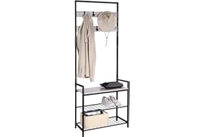 HOMEKOKO Coat Rack Shoe Bench, Hall Tree Entryway Storage Bench, Wood Look Accent Furniture with Metal Frame, 3-in-1 Design