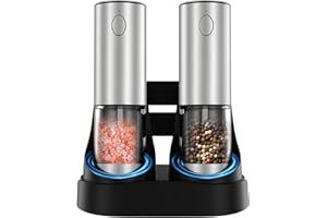GATTLELIC Electric Salt and Pepper Grinder Set, Automatic Pepper Mill Grinder w/Upgraded Charge Base and LED Light,Adjustable Coarseness,Rechargeable Black Peppercorn & Sea Salt Spice Mill Set