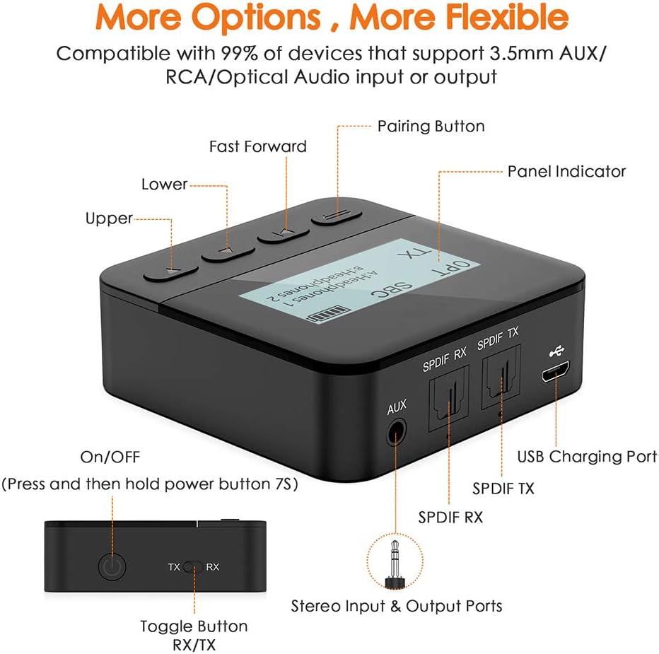 LED Bluetooth 5.0 Transmitter Receiver for TV, JTWEB Wireless Audio Adapter,22H Playtime,Dual Link, Low Latency,Optical TOSLINK 3.5mm AUX RCA for Home Stereo/Headphones/Car/PC,aptX LL & aptX HD: Home Audio & Theater