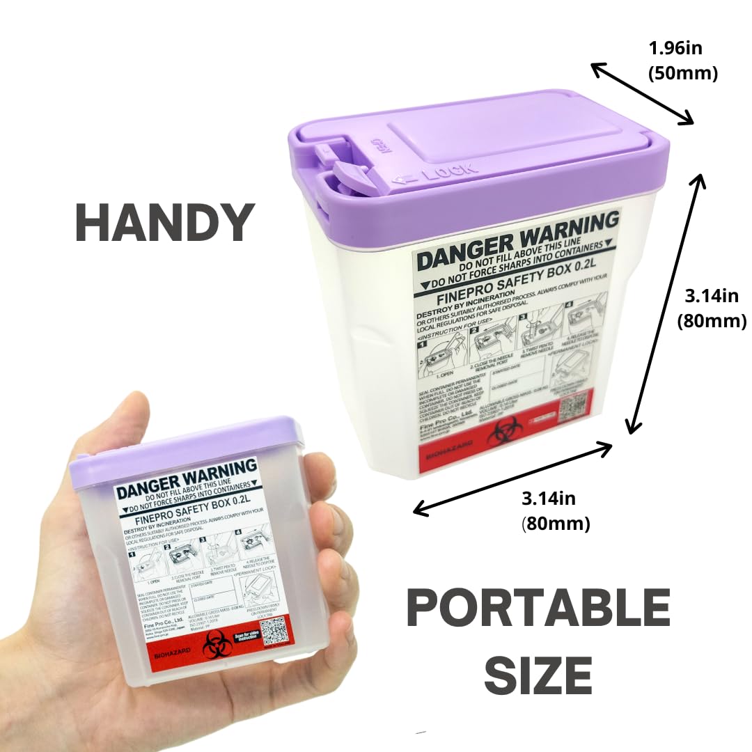 FINEPRO 0.2L Size Portable Pen-Needle Disposal Container [Pack of 3] Diabetes Care (0.2L, Purple+Clear, 3)