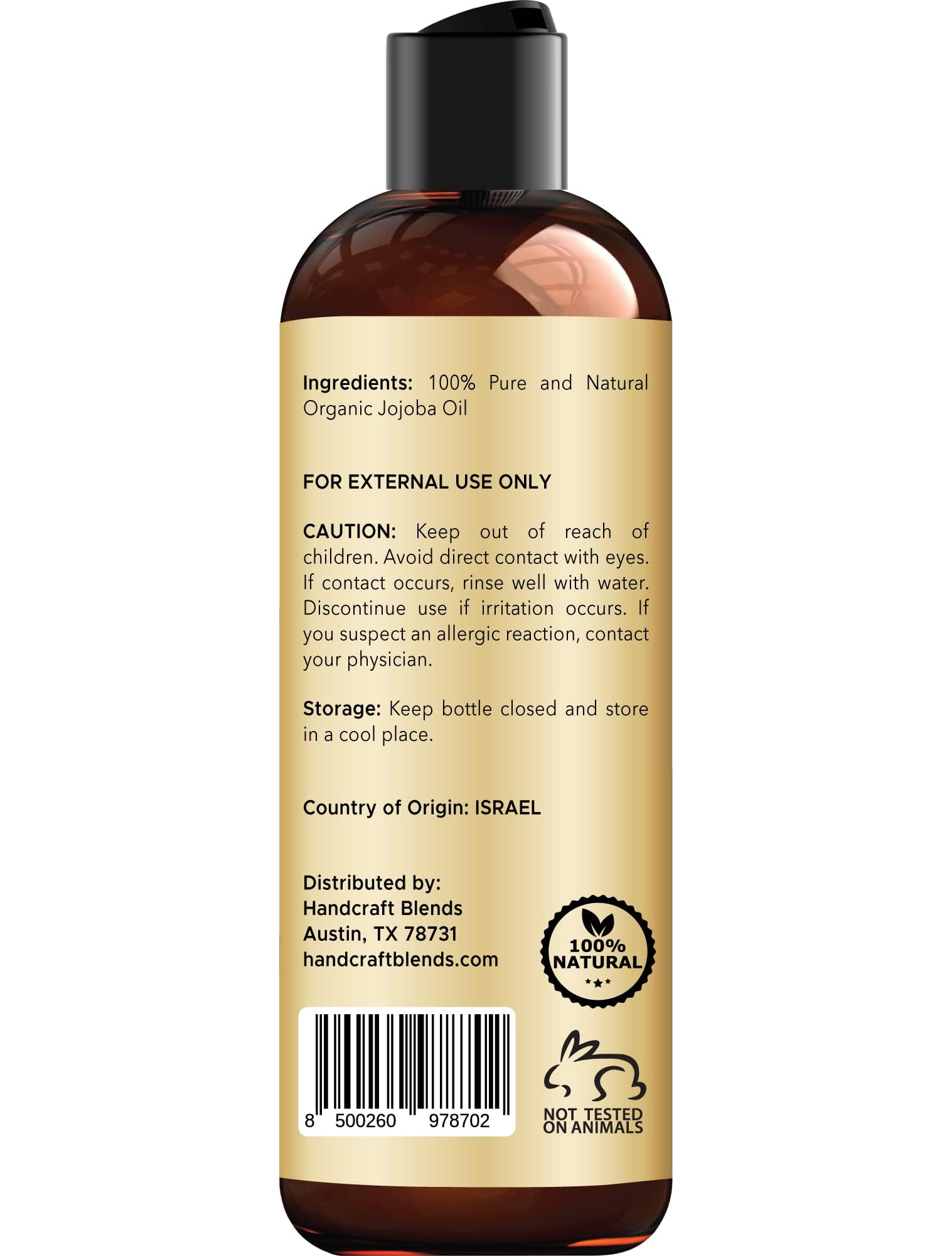 Handcraft Blends USDA Organic Jojoba Oil | Cold-Pressed | 8 Fl Oz | 100% Pure & Natural | for Hair, Skin & Face | Premium Grade Carrier Oil | for Massage & Aromatherapy | Hexane-Free