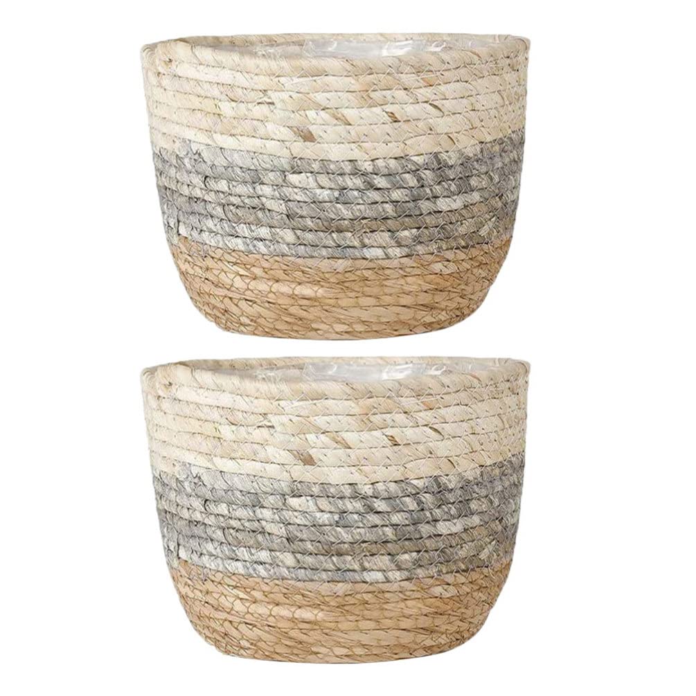 Operitacx 2pcs Woven Plant Pot, Round Rattan Storage Flower Basket with Liner, Versatile Wicker Storage Decorative Vase Multi-Purpose Plant for Groceries Indoor