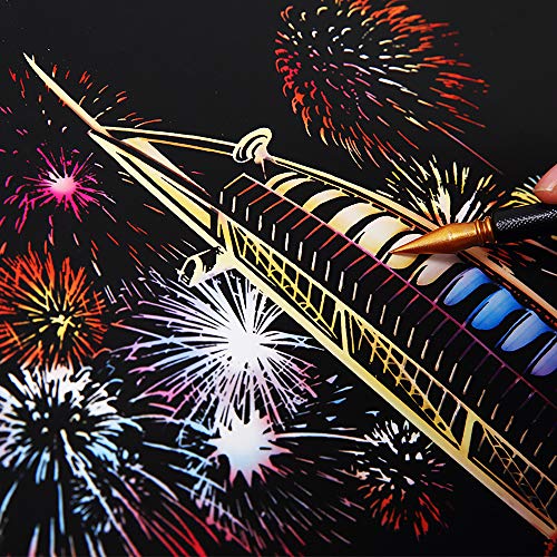 Pobec Scratch Art, Scratch Art Paper DIY Night View Scratchboard for Adult and Kids, with Scratch Paper Pens/Black Brush,8.2''x11.4'' (Fireworks) - Thumbnail 6