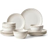 LE TAUCI Plates and Bowls Sets for 4, 12 Piece Ceramic Dinnerware Sets for Kitchen, Reactive Glaze Dishes Set, Oven &amp; Microwave &amp; Dishwasher Safe, Birch Wheat Relief (8" &amp; 10" Plate, 27oz Bowl)