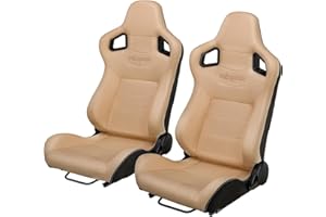 PEXMOR 2 Pcs Reclinable Universal Racing Bucket Seats w/Dual Slider, PU & Carbon Leather Adjustable Race Seats for Cars, Driver and Passenger Side, 21.5" W X 21.5" D X 38"H (Creamy White)