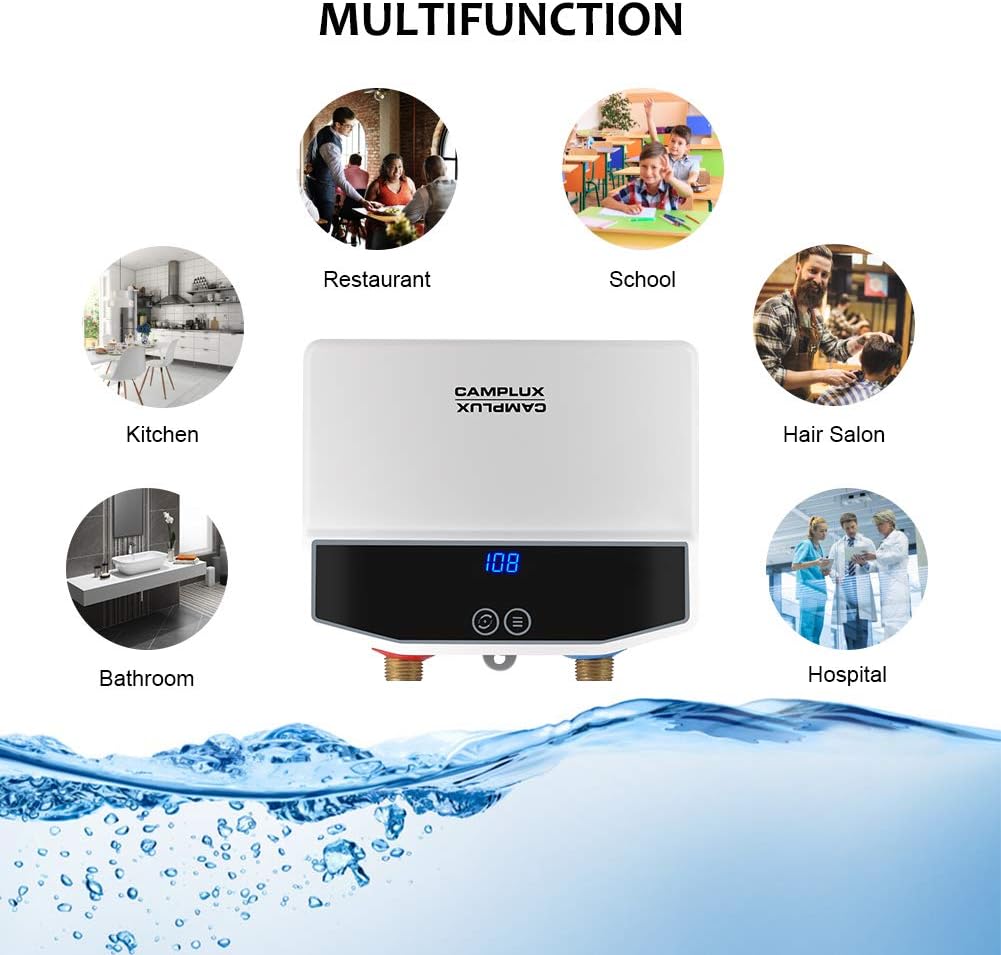 Camplux Electric Tankless Water Heater, TE04 Point-of-Use Residential Water Heater, Instant Electric Water Heater with Digital Display and Cable, 3.5kW at 120V, White - - 