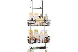 SWTYMIKI Over The Door Shower Caddy With Double Soap Holder, Stainless Steel Hanging Shower Organizer With 16 Hooks No Drilling Hanging Shower Caddy Over Door To Organize Bathroom Essentials, Black