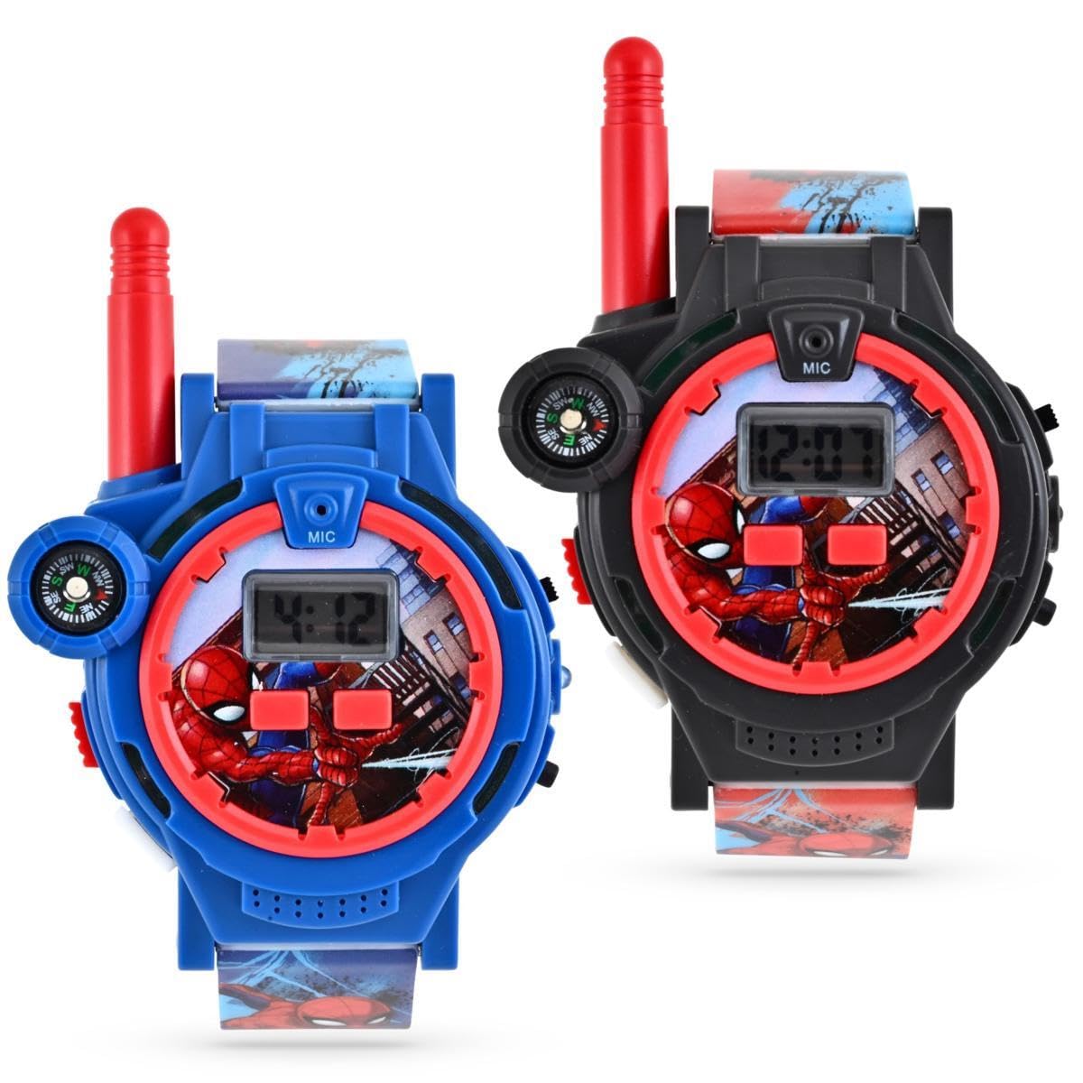 Accutime Spiderman Kids Rechargeable Walkie Talkie Watch Set - 2 Way Radio Watches, LED Flashlight, Compass, Toy Watches for Boys, Girls, Fans of Spiderman