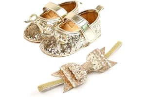 OAISNIT Baby Girl Mary Jane Flats Sparkly Soft Infant Princess Dress Crib Shoes with Headband