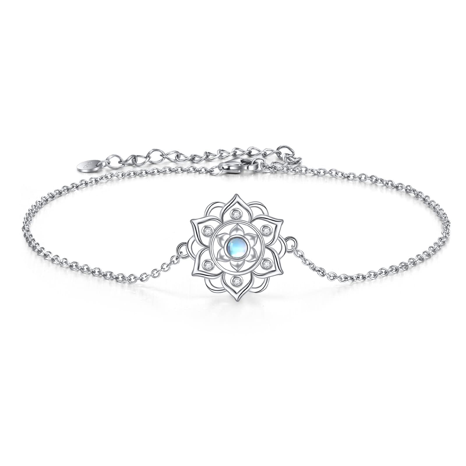 Moonstone Lotus Anklet Bracelet Sterling Silver Lotus Flower Anklet Yoga Pendant Jewelry Mothers Day Gifts for Women Mom