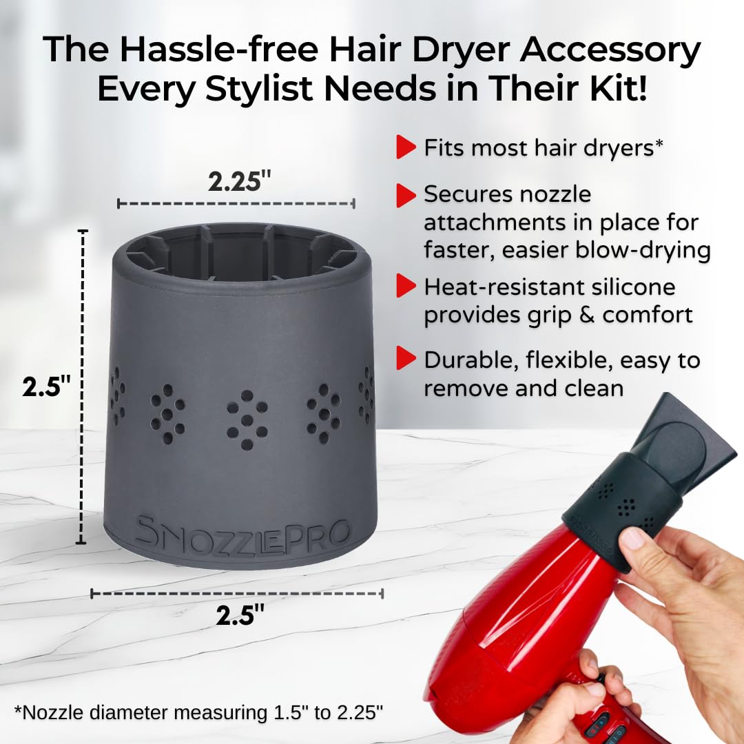 SnozzlePro Universal Hair Dryer Attachment Adapter, Patented Silicone Design Provides a Secure Fit for Concentrator Nozzles and Hair Diffusers - Fits Most Nozzle Diameters 1.5” - 2.25”