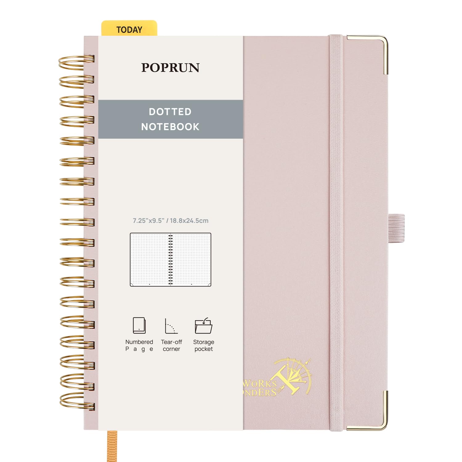 Photo 1 of POPRUN Spiral Dotted Journal Notebook, 7-1/4" x 9-1/2" - 120 GSM Thick Paper, 220 Numbered Pages, Hardcover for Men & Women with Pocket, Index Tabs, 8 Perforated Sheets, Light Pink