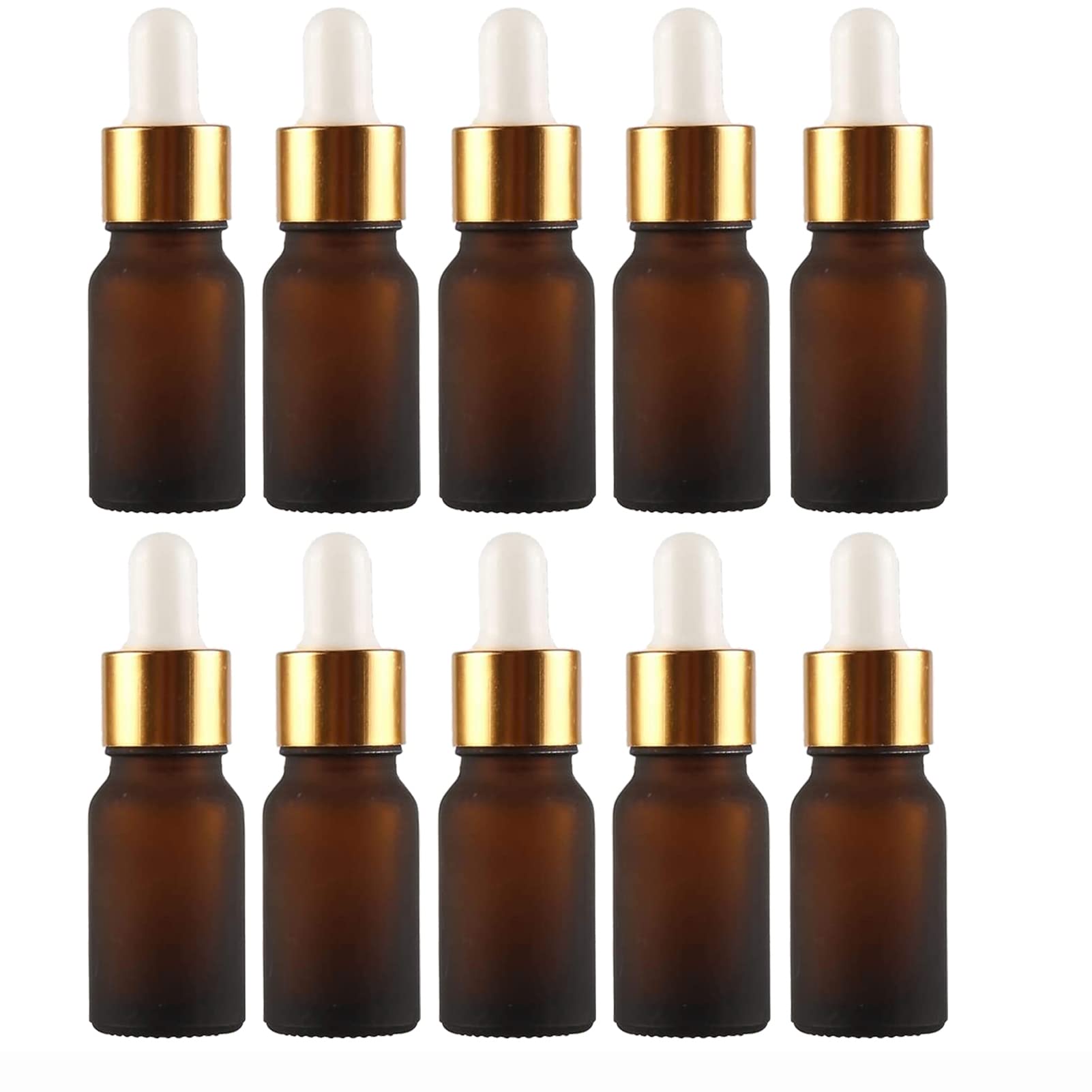 JamHooDirect 10Pcs, 10ml Glass Dropper Bottles with Dropper Pipettes, Mini Empty Dropper Bottles for Essential Massage oils/Chemical Liquid (amber frosted clear/gold cap)