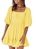 Dokotoo Shirred Elastic Waist Yellow Dresses Square