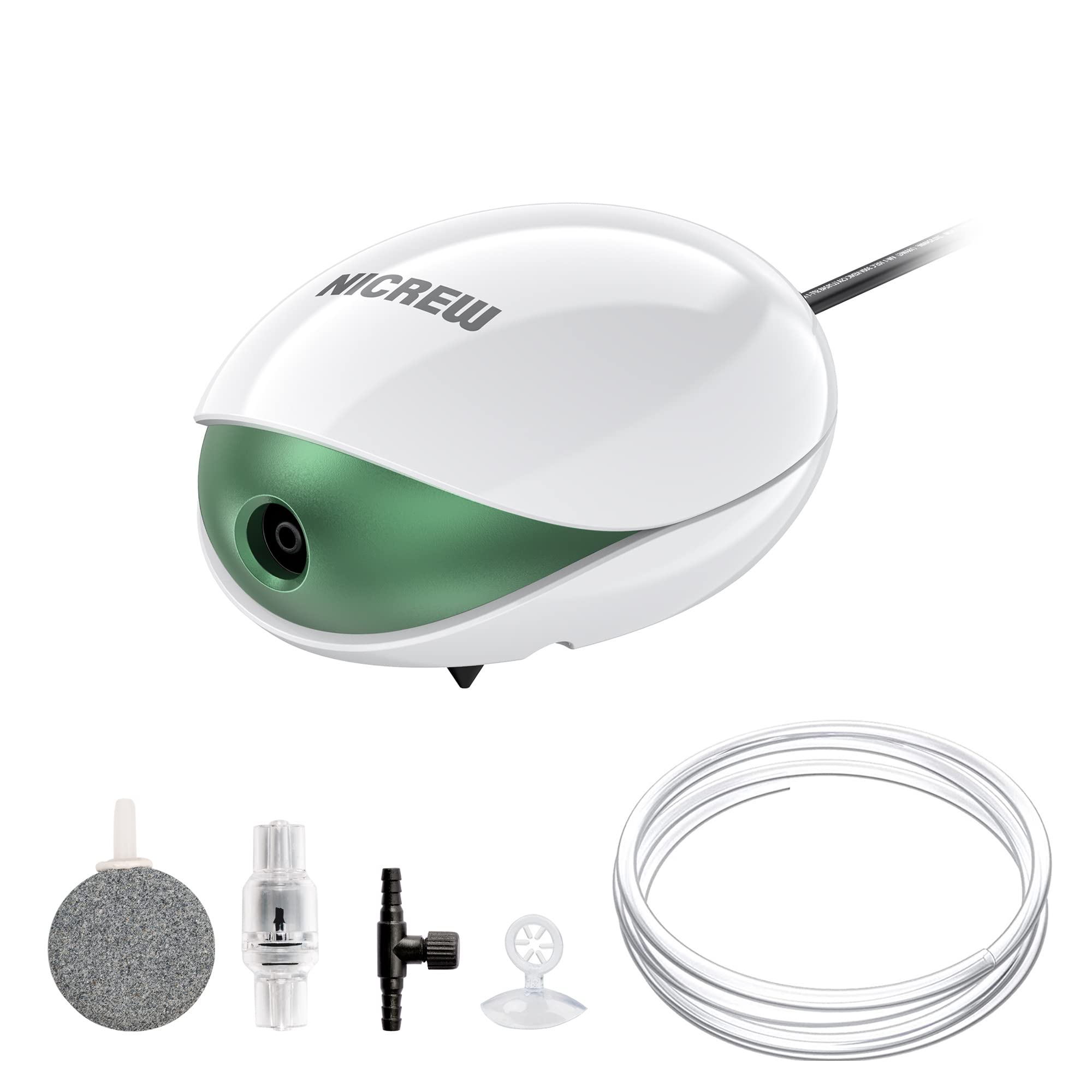 NICREW UFO Air Pump Aquarium, Ultra Silent Air Aerator Pump for Fish Tank up to 150 L, Oxygen Bubbler with Single Outlet, Accessories Included, 1.7W