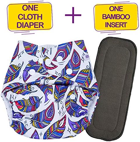 Bembika Cloth Diapers for Babies,Washable Reusable Cloth Diaper ll Sizes Adjustable with 5 Layer Bamboo Charcoal Insert (Feather)