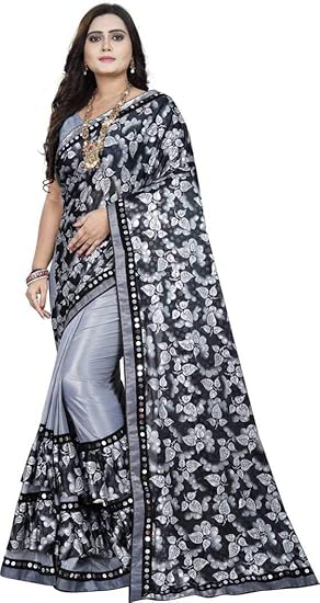 omen's Printed Silk Blend Saree With Blouse Pices(44;Grey)