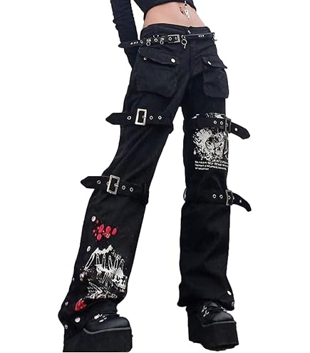 Adoeren Women Y2k Gothic Punk Pants Wide Leg Denim Jean Cargo