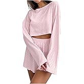 SHENHE Women's Pajama Set 2 Piece Long Sleeve Crop Top Soft Shorts Pjs Loungewear