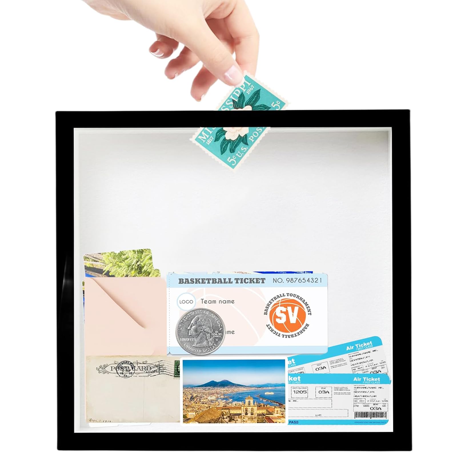 Travel Adventure Archive Box for Memories, 29cm Travel Concert Ticket Shadow Box with Slot, Life in a Box Travel Picture Frame, Wooden Keepsake Box Memory Display Case for Desk Wall Deco (Black)