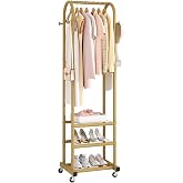 Kaitiemoo Clothing Rack, Mobile Garment Rack with Wheels &amp; 3 Shelves, Gold | Heavy Duty Frame, Fits Small Spaces, 71.8 Inches Display Rack, Easy to install, Gold clothes rack