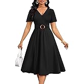 Nmoder Elegant Wrap Dresses for Women, Casual A-Line V Neck Short Sleeve Midi Dresses with Pockets & Belt Buckle