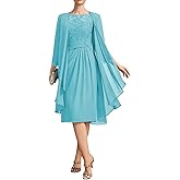 2 Piece Mother of The Bride Dresses Tea Length Chiffon Lace Long Sleeve Formal Wedding Guest Dresses for Women