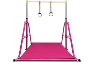 Peakpath Foldable Gymnastics Kip Bar with Mat and Ring Set,3' to 5' Height Adjustable,Kids Gymnastic Equipment for Ages 3-15,Indoor and Home Training- Max Load 350LBS