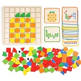 EduLand Montessori Wooden Pattern Blocks Mosaic Puzzle &ndash; Geometric Shape Matching Game with Cards, Logical Thinking &amp; Fine Motor STEM Toy for Kids Ages 3&ndash;8, Educational Family Board Game
