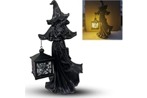 SAINGACE Cracker Barrel Witch, Cracker Barrel Ghost Scary Hell Messenger with LED Lantern Resin Statue, Faceless Ghost Sculpture Halloween Decorations for Home Room Desk Garden Yard Outdoor Decor (Witch)