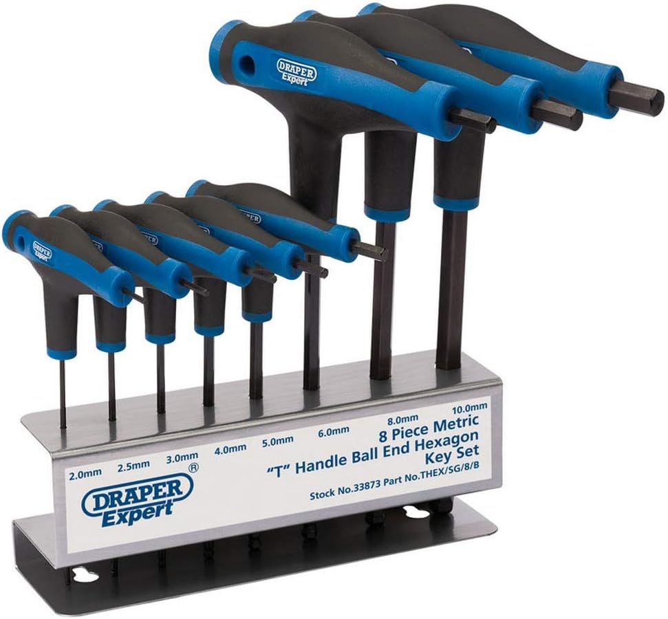 Draper 33873 Expert T Handle Hex Ball End Key Set 8 Keys Soft Grip Blue