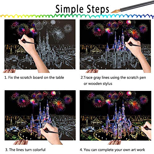 Egosky Scratch Art Paper Rainbow Painting Sketch Pad DIY Night View Scratchboard for Adults and Kids - 4 Packs, 16 X 11.2 Inches - Thumbnail 2