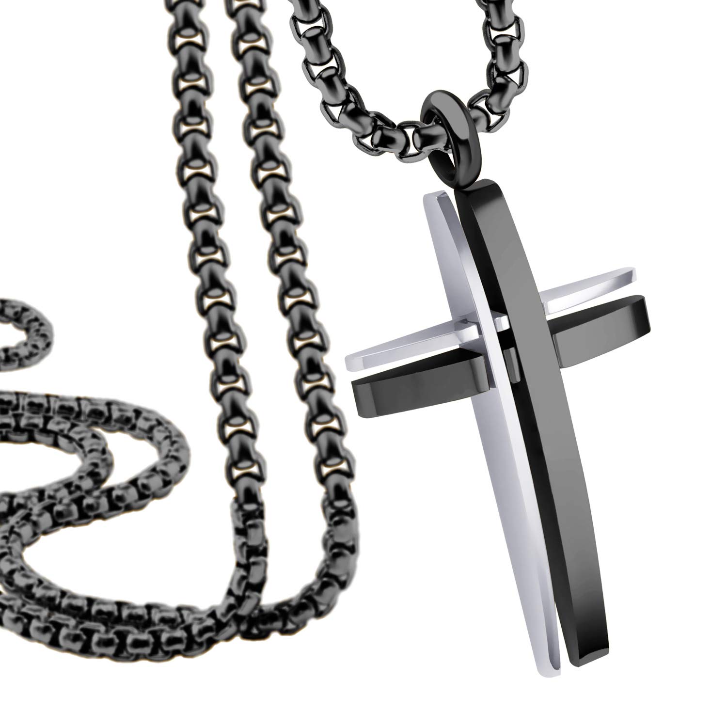 555Jewelry Stainless Steel Cross Necklace for Men, Grooved Half Dome Shape Polished Religious Crucifix Cross Pendant for Men & Women, Silver/Black, Box Chain 18 Inches