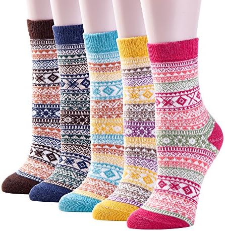 YOMORES 5 Pack Women Socks Vintage Style Cotton Knitting Wool Warm Winter Fall Crew Socks For Girls (C1)