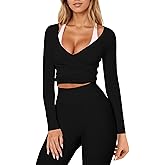 IYOWEL Womens Ballet Wrap Top Tie Front Long Sleeve Workout Yoga Pilates Shirts Y2K Coquette Tops Going Out Wear Black S