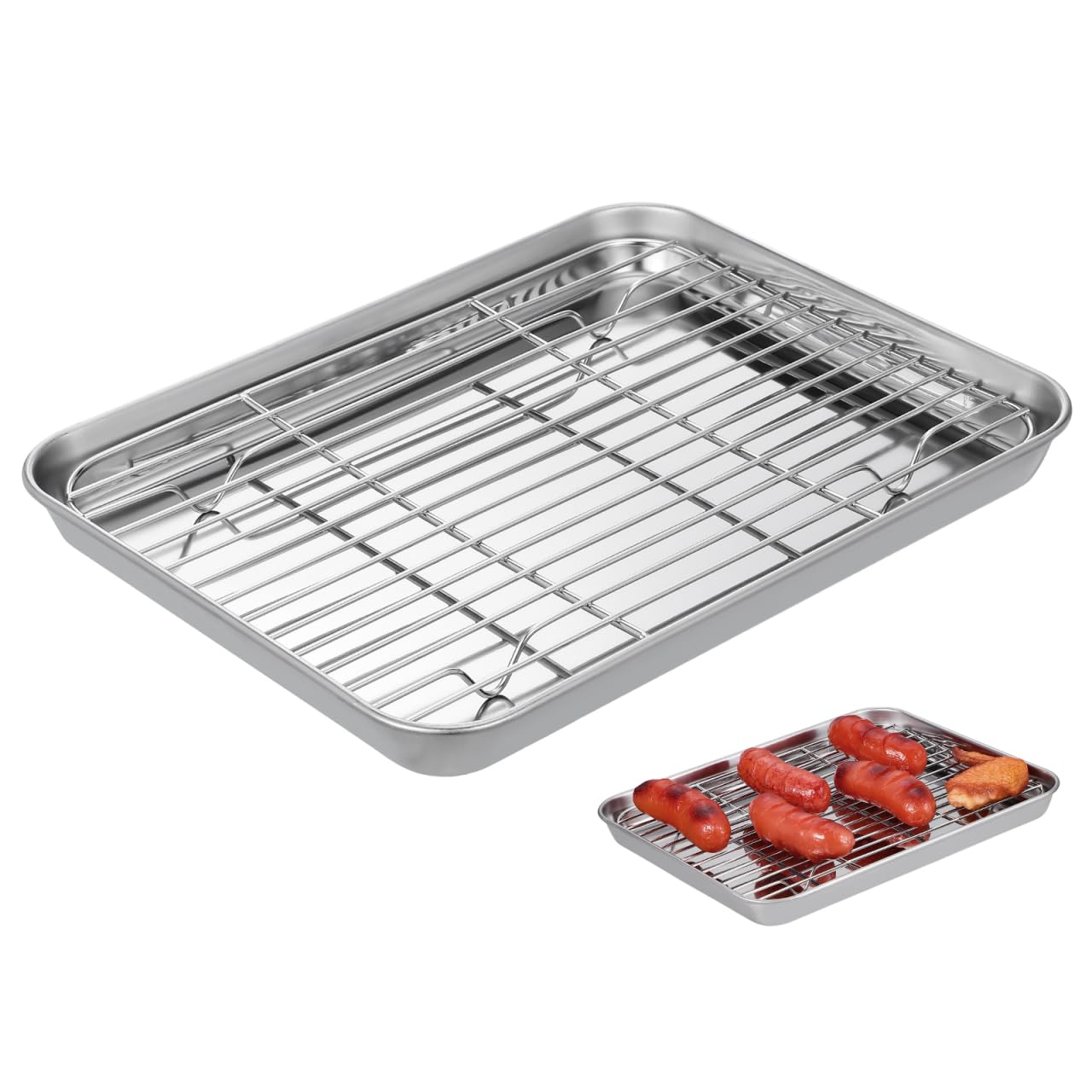 DOITOOL Oven Tray with Rack : Stainless Steel Sheet with Removable Cooling Rack, Rectangular Baking Tray, Nonstick Pan for Cooking (26x20x2.5cm)