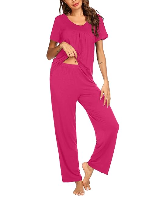 Ekouaer Pajamas for Women Set 2 Piece Short Sleeve Lounge Sets for Women With Pockets Ladies Pajamas Sets Two Piece Joggers Pants Cotton Pjs Set Cute Pajama Sets for Home Outfit Gift Rose Red