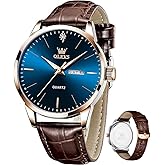 OLEVS Mens Watches Vintage Leather Band Dress Classic Easy Reader Arabic Numerals Analog Quartz Waterproof Date and Day Blue/Black/White Large Face Men's Wrist Watches