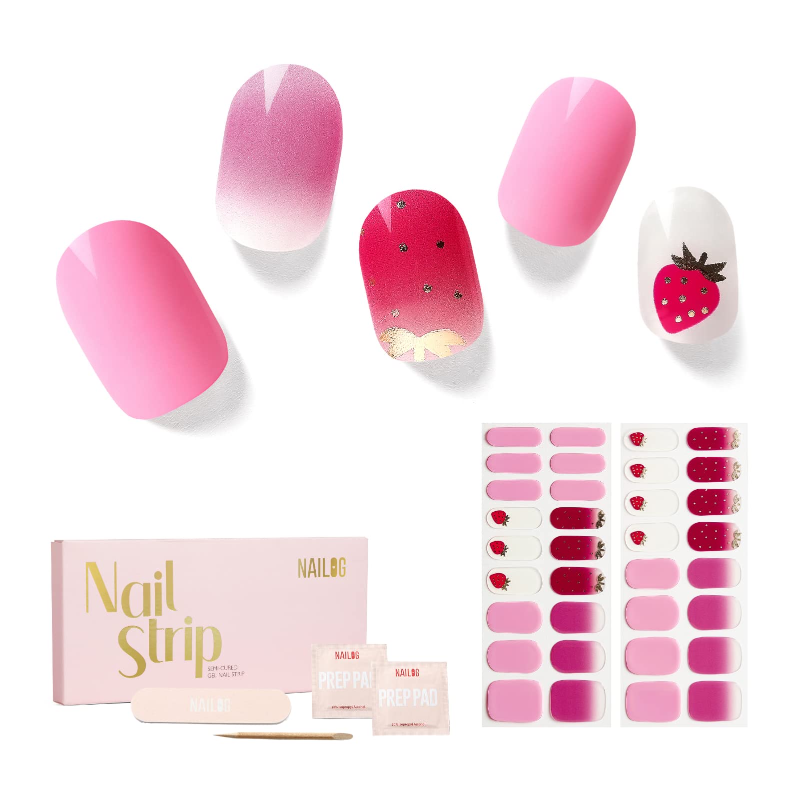 NAILOG Semi Cured Gel Nail Strips, 34 pcs Salon-Quality Gel Nail Stickers, Long Lasting Nail Wraps for Women with Soft Gel Finish, Strawberry Love — image 1