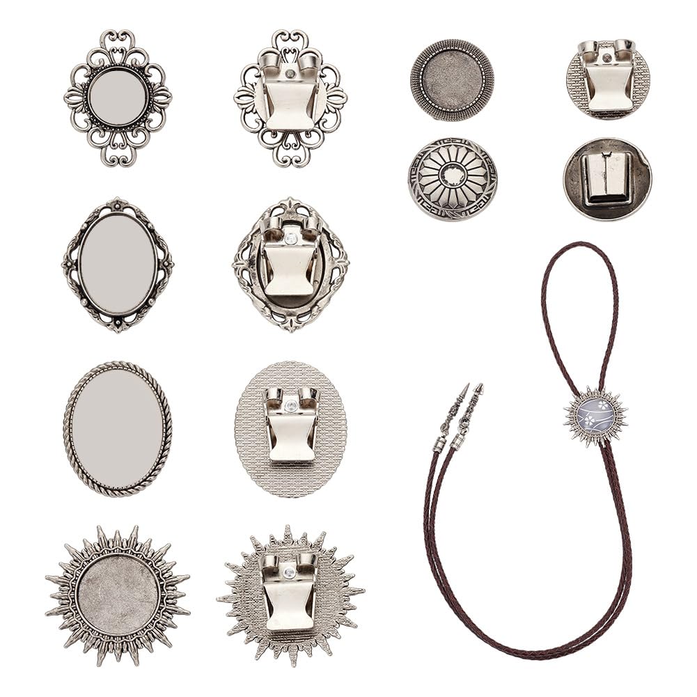 NBEADS 6 Pcs Bolo Tie Buckle, 6 Styles Tibetan Alloy Bolo Tie Slides Clasp Cabochon Settings Bolo Tie Findings Blank Bolo Tie Slides for Bolo Tie Making, Antique Silver