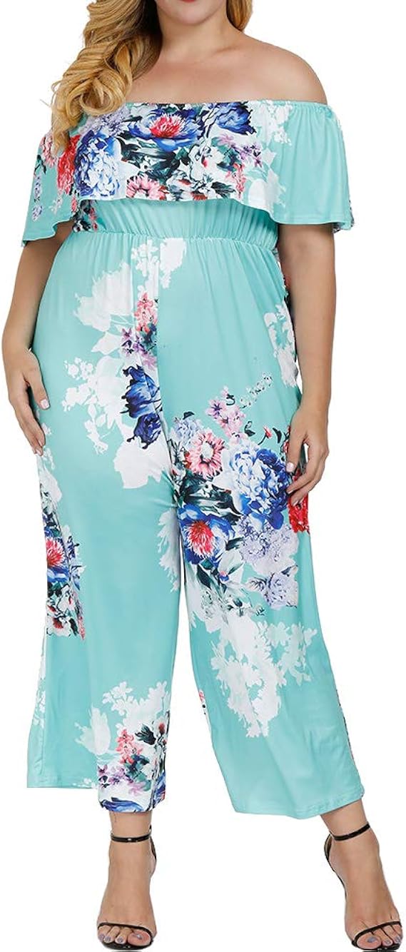 off shoulder floral print flounce sleeve jumpsuit
