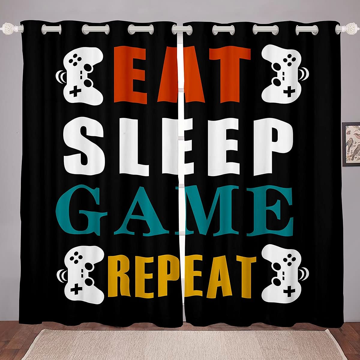 Loussiesd Gaming Curtains - Eat Sleep Game Repeat Window Curtains For Children's Bedroom, Nursery & Living Room - 2 Panels, W46*L54