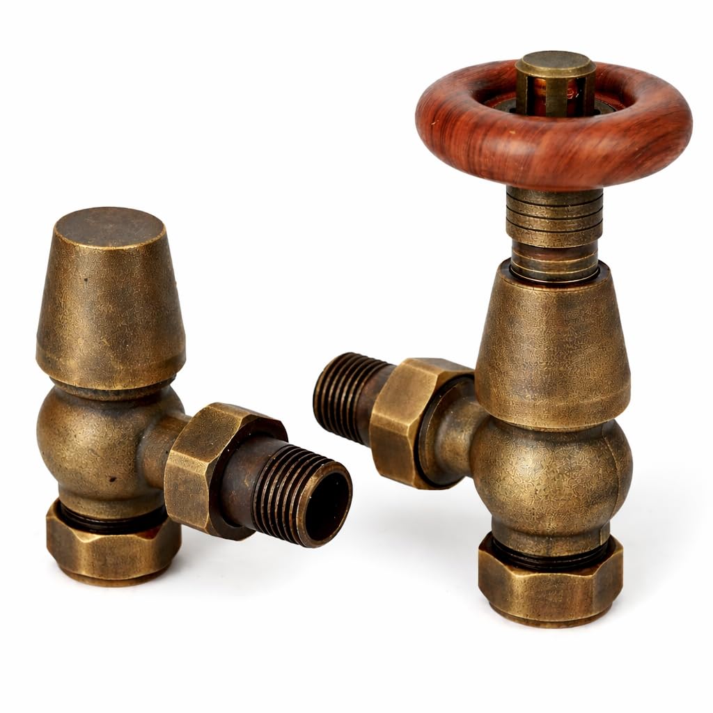 Excel Home Thermostatic Radiator Valves - Traditional Design 1/2" x 15mm Metal Head Radiator Valves - Angled Brass