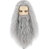 Topcosplay Men Wigs and Beard Set Long Gray Cosplay Halloween Costume Party Wizard Wig